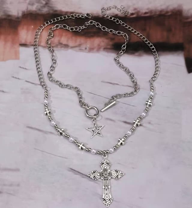 2pcs Fashion Retro Punk Star Cross Pendant Necklace Set